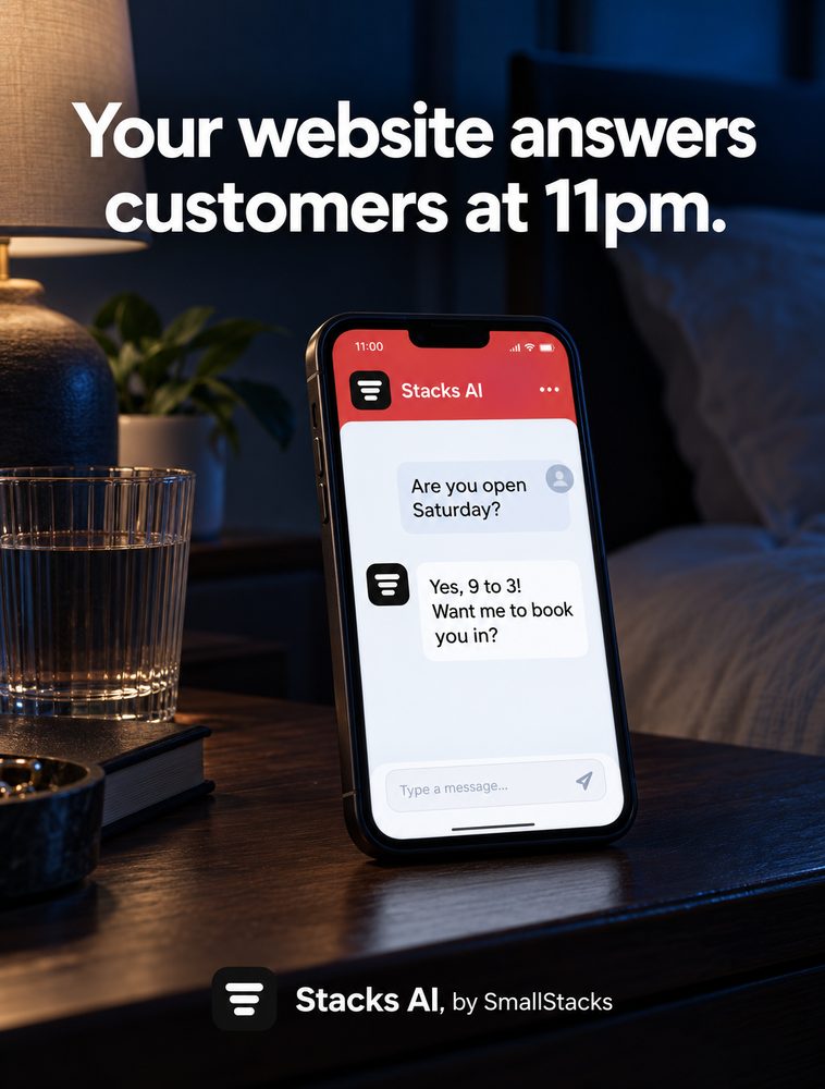 Stacks AI ad: a website chat assistant answering a customer at 11pm
