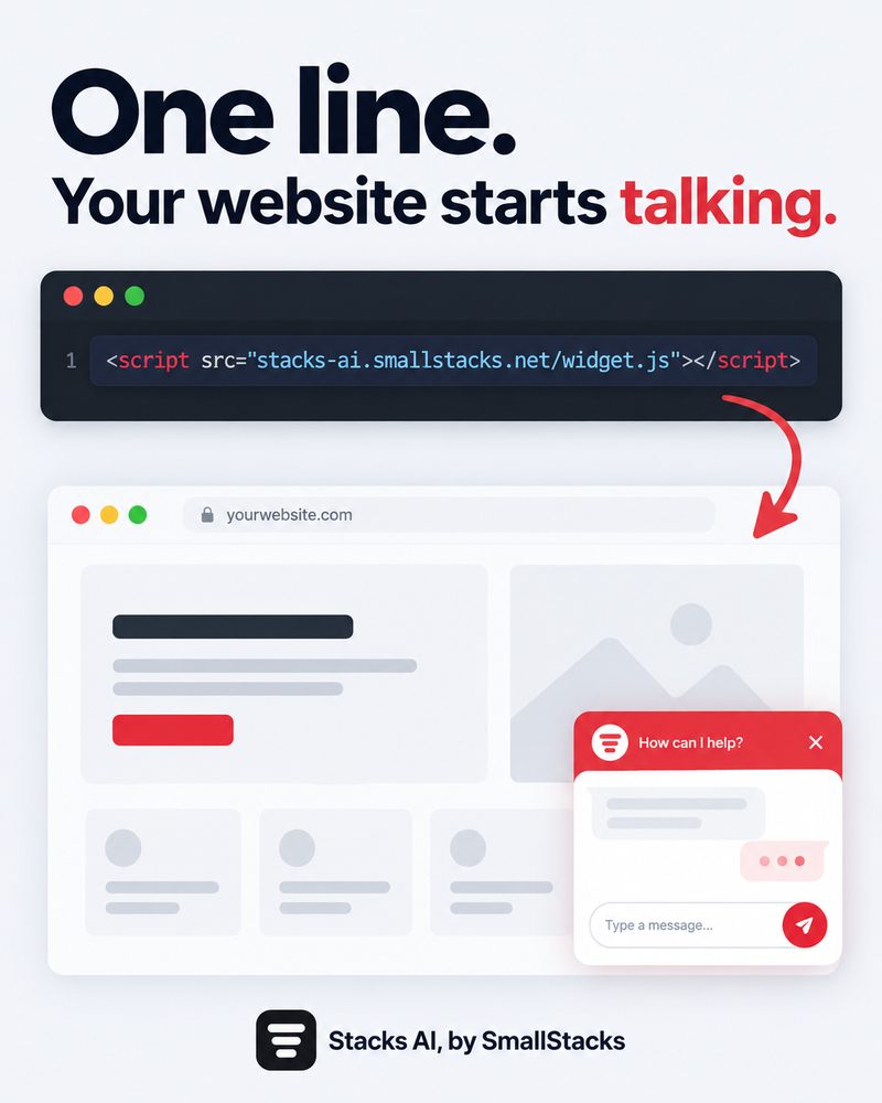 Stacks AI ad: one script tag installs the chat assistant on any website