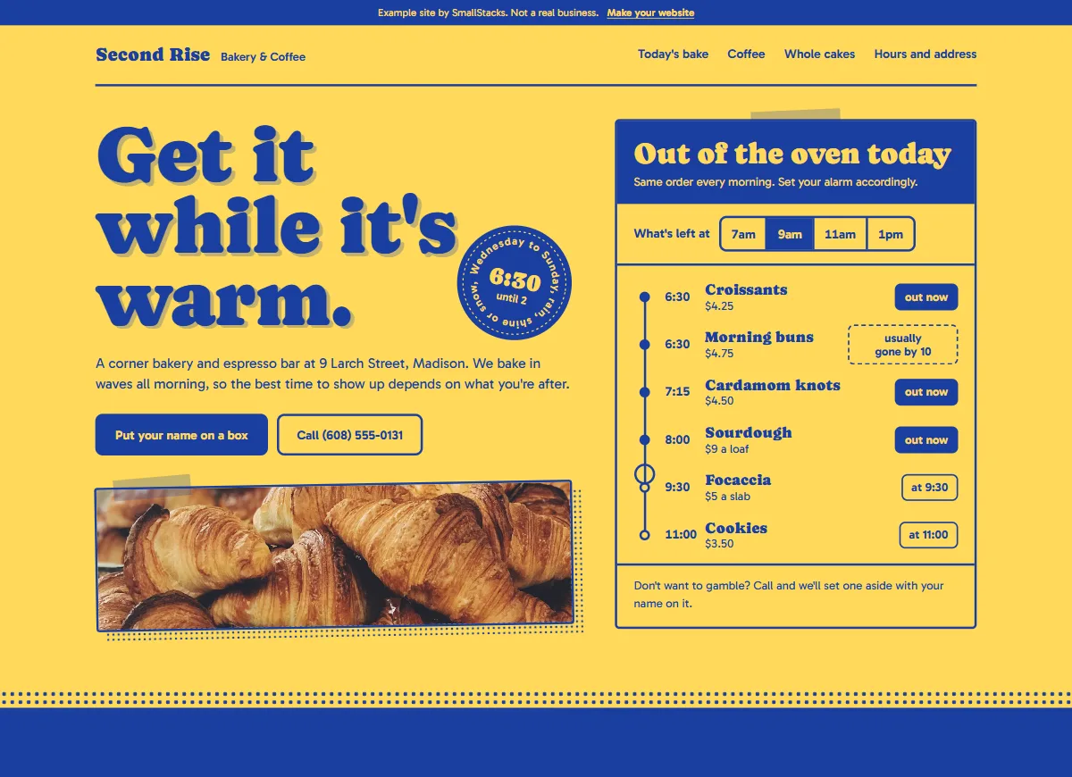 An example website for a bakery called Second Rise, with its menu and opening hours