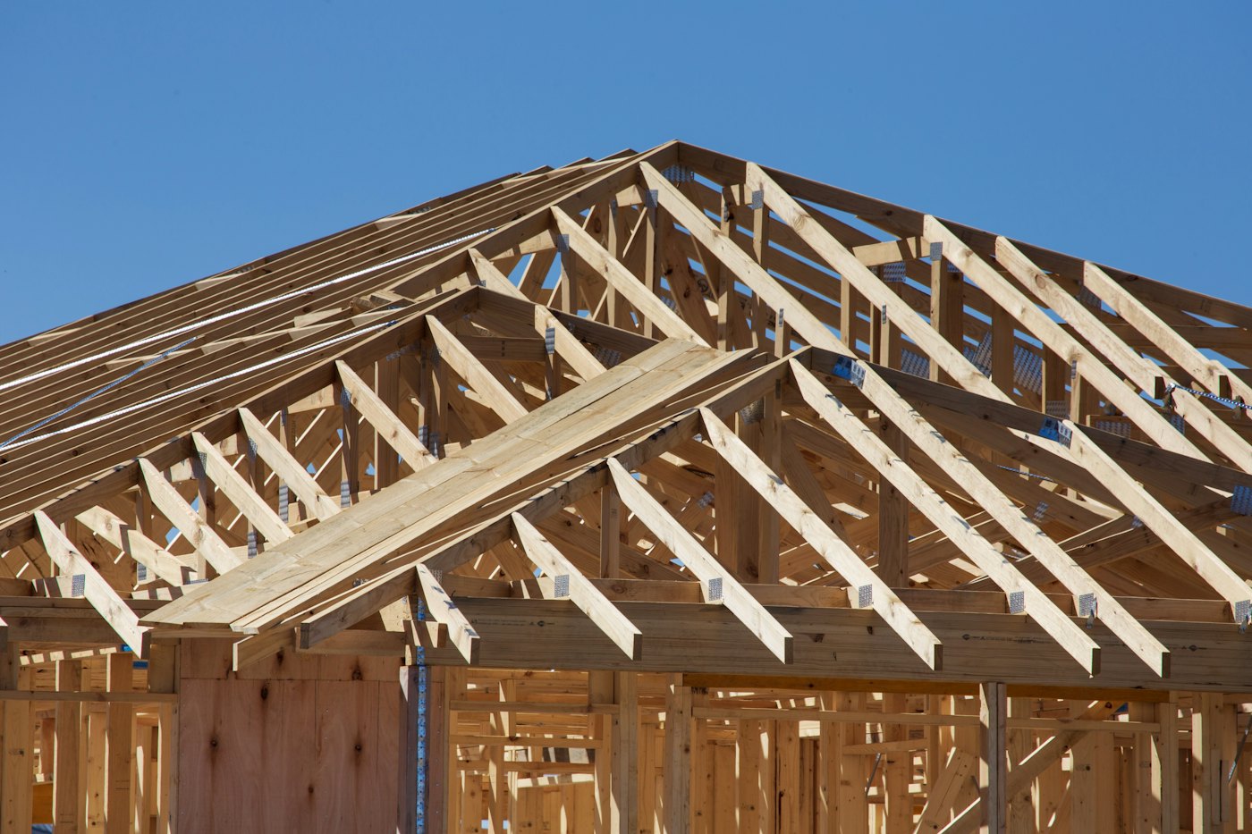 New roof trusses and wall framing in fresh lumber against a clear blue sky.