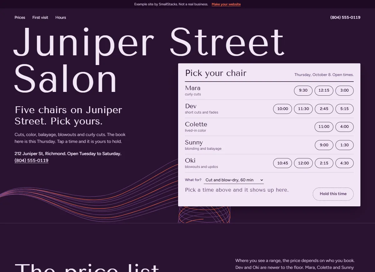 The Juniper Street Salon example site